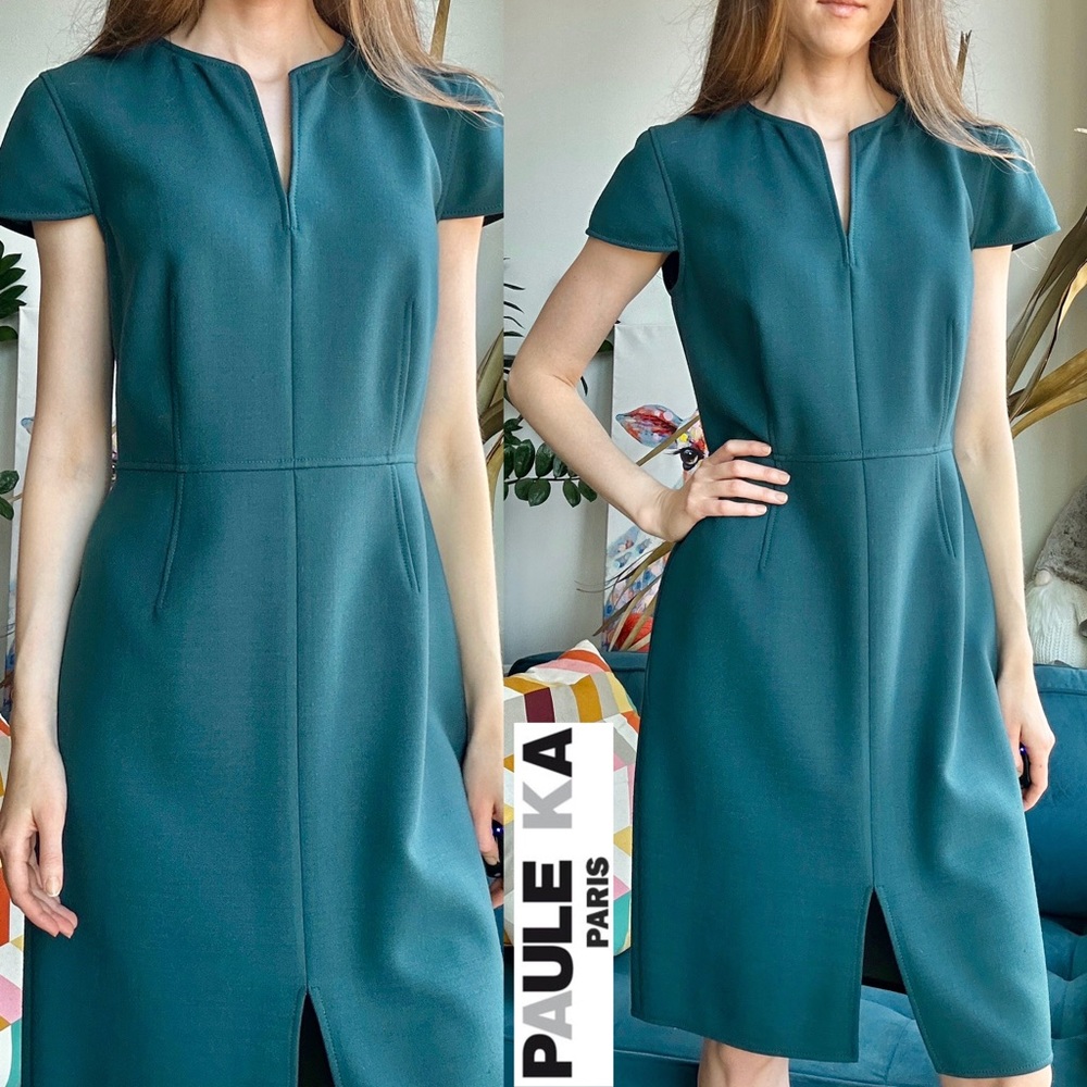 Paule Ka Paris Wool Blend Deep Green Blue Knee Length Dress FR 44 US L (…